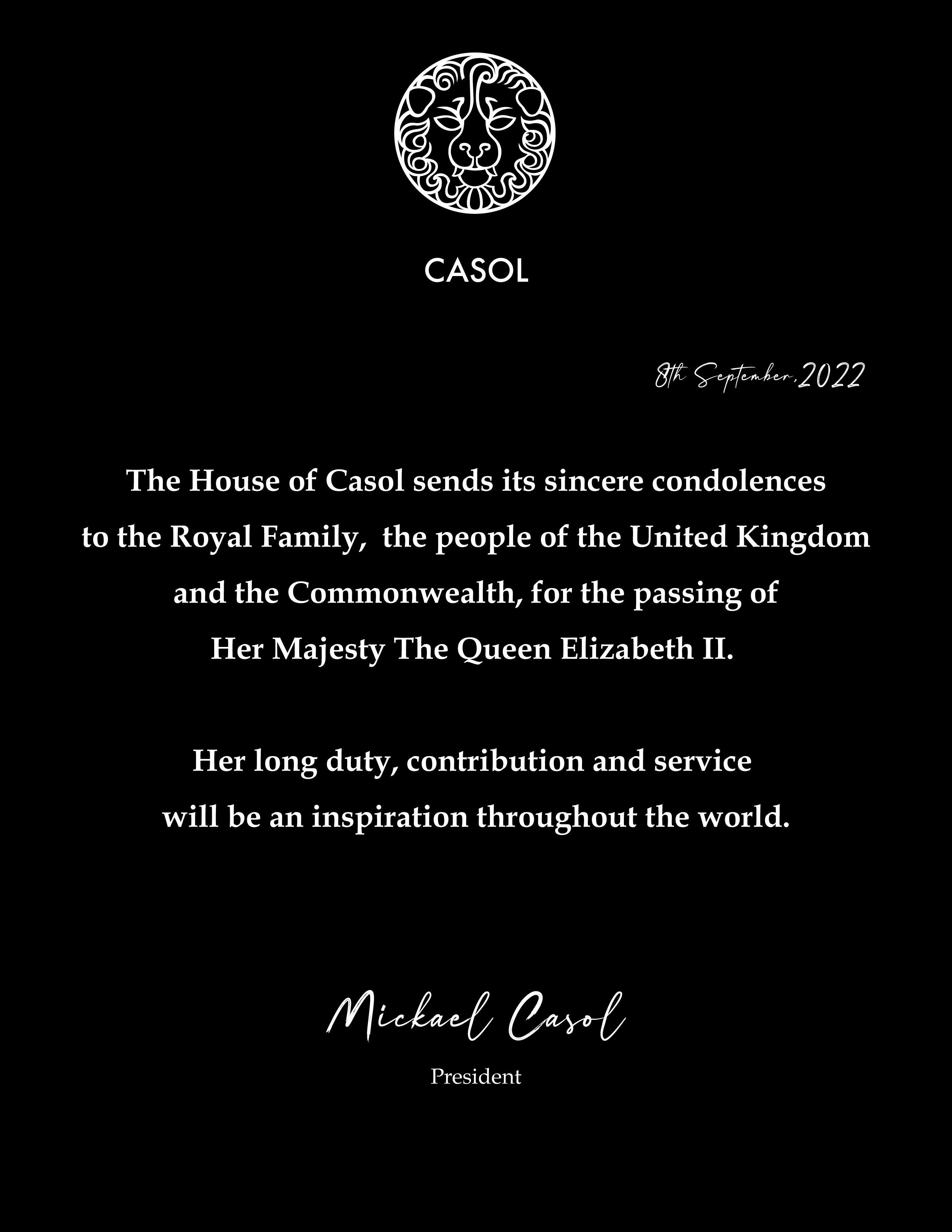Casol Condolences to Her Majesty the Queen Elizabeth II