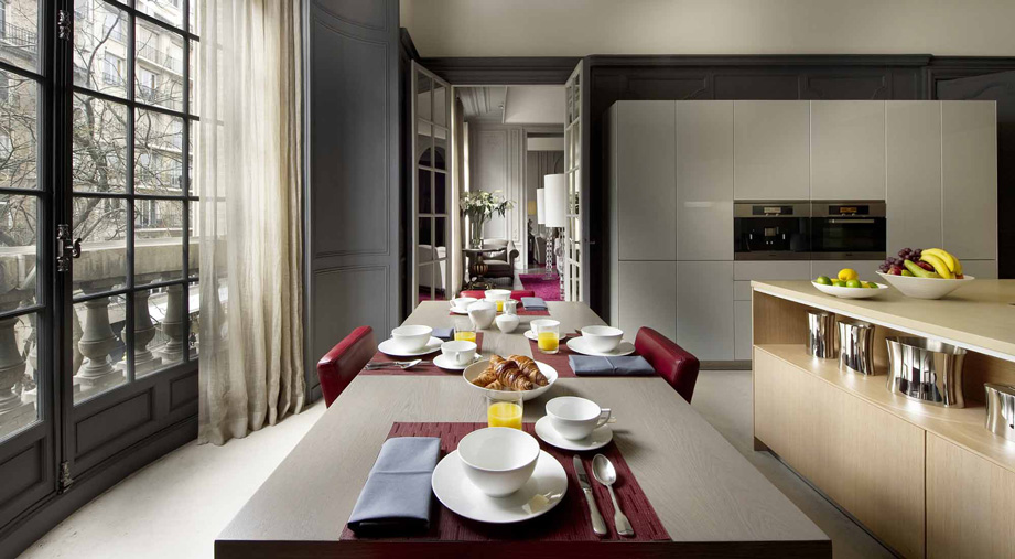 Open kitchen of le Paris, a luxury penthouse in the 16th arrondissement in Paris, France.